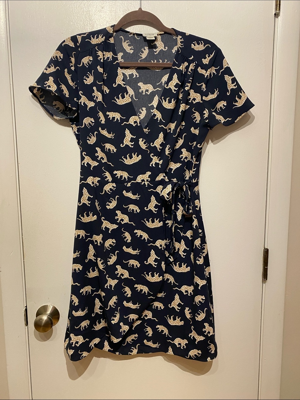 J. Crew Navy Wrap Dress with Cream Animal Print